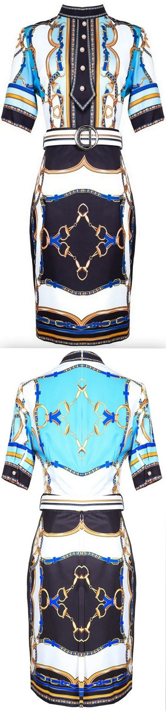 Belted Horsebit Printed Dress