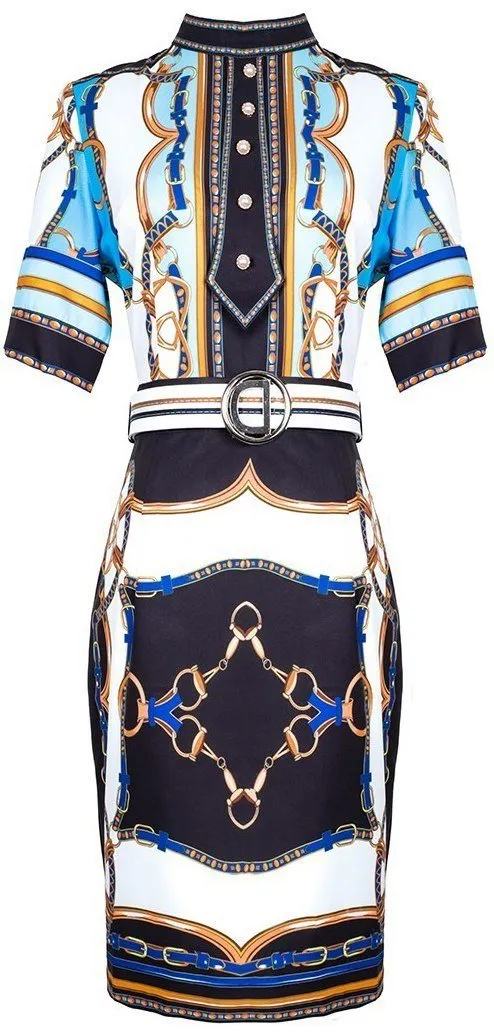 Belted Horsebit Printed Dress