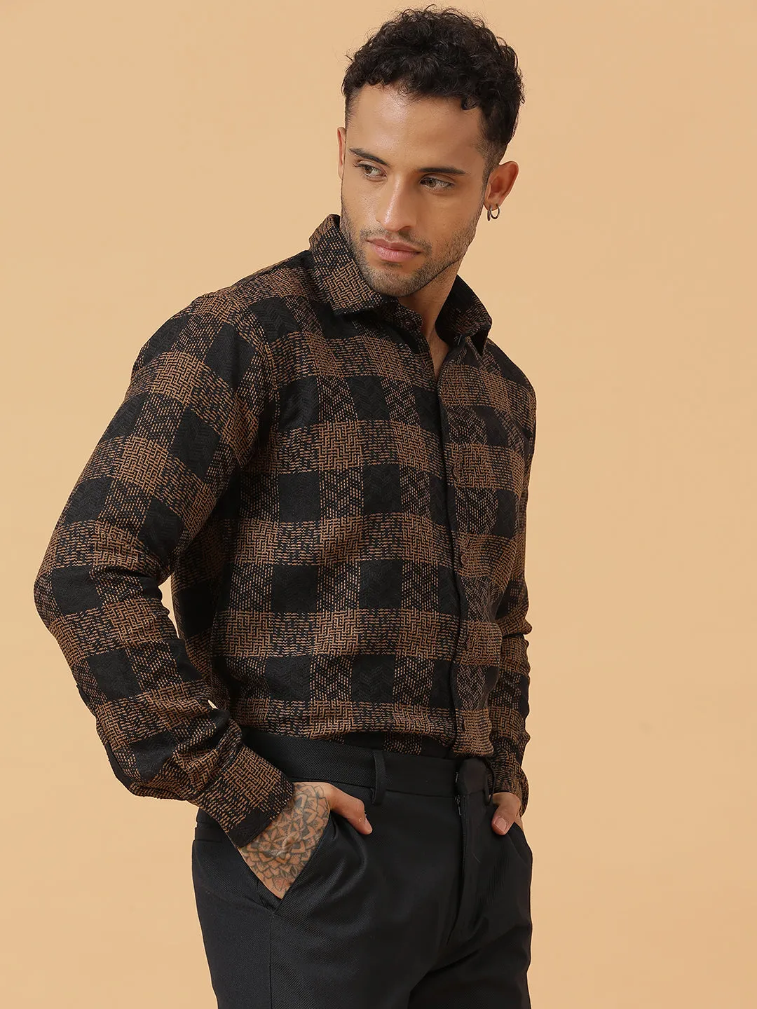 Black and Gold Embroidered Check Cotton Flannel Party Wear Shirt