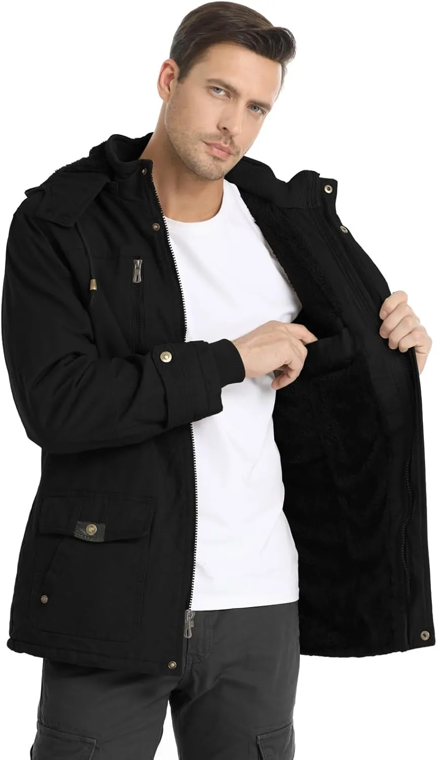 CHEXPEL Men's Thick Winter Jackets with Hood Fleece Lining Cotton Military Jackets Work Coats with Cargo Pockets Outwear