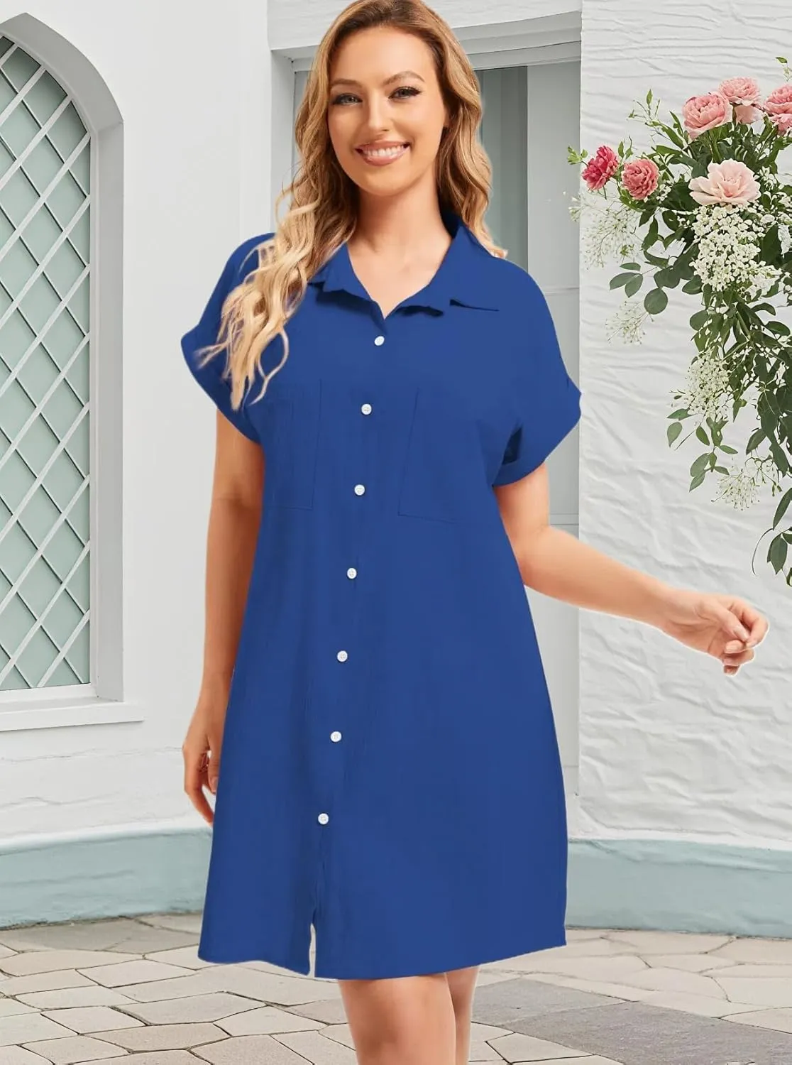 Cocoinsity Women's Casual Cotton Linen Dress Button Down Short Sleeve V Neck Loose Dress Summer Tunic Mini Dresses
