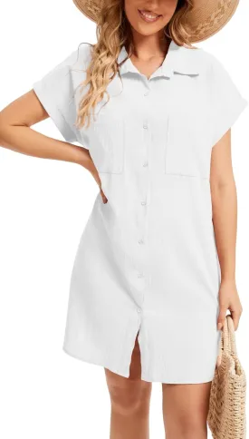 Cocoinsity Women's Casual Cotton Linen Dress Button Down Short Sleeve V Neck Loose Dress Summer Tunic Mini Dresses
