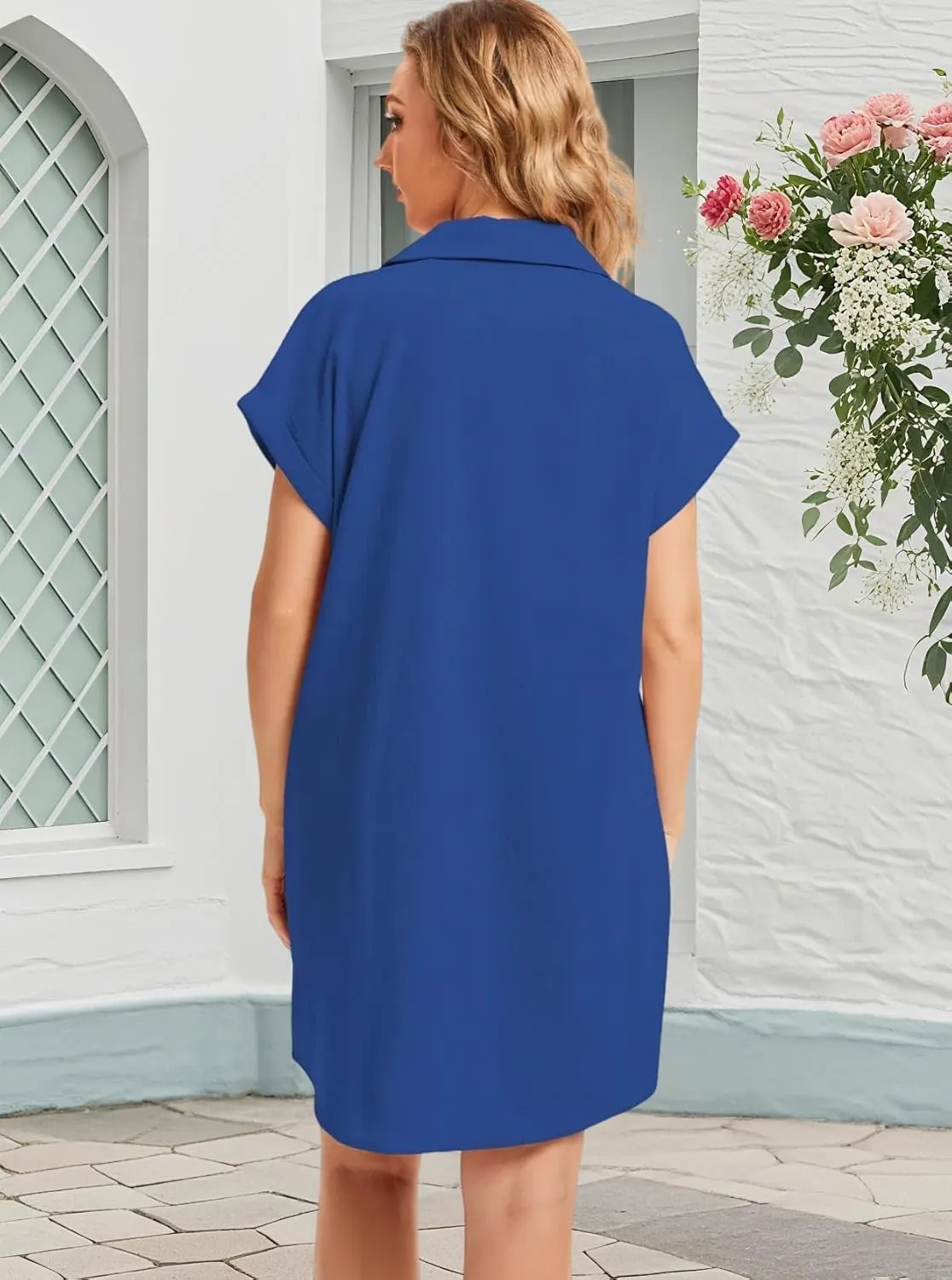 Cocoinsity Women's Casual Cotton Linen Dress Button Down Short Sleeve V Neck Loose Dress Summer Tunic Mini Dresses