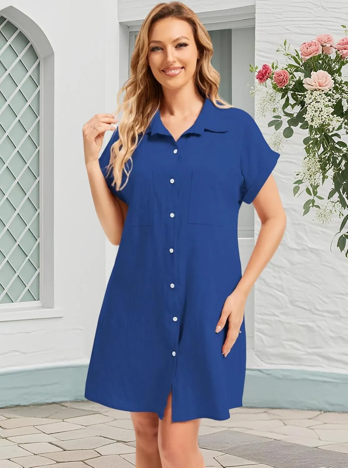 Cocoinsity Women's Casual Cotton Linen Dress Button Down Short Sleeve V Neck Loose Dress Summer Tunic Mini Dresses