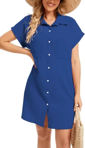 Cocoinsity Women's Casual Cotton Linen Dress Button Down Short Sleeve V Neck Loose Dress Summer Tunic Mini Dresses