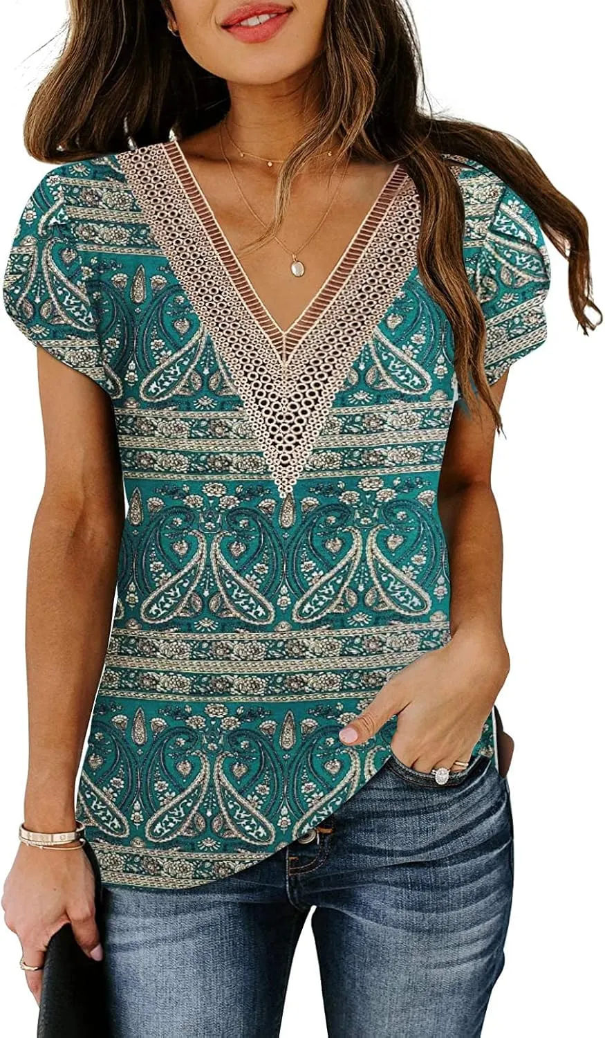 ETCYY Womens Summer Tops 2025 Trendy Casual Spring Striped Print Cute Petal V Neck Cap Short Sleeve Shirts