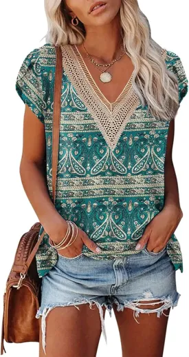 ETCYY Womens Summer Tops 2025 Trendy Casual Spring Striped Print Cute Petal V Neck Cap Short Sleeve Shirts
