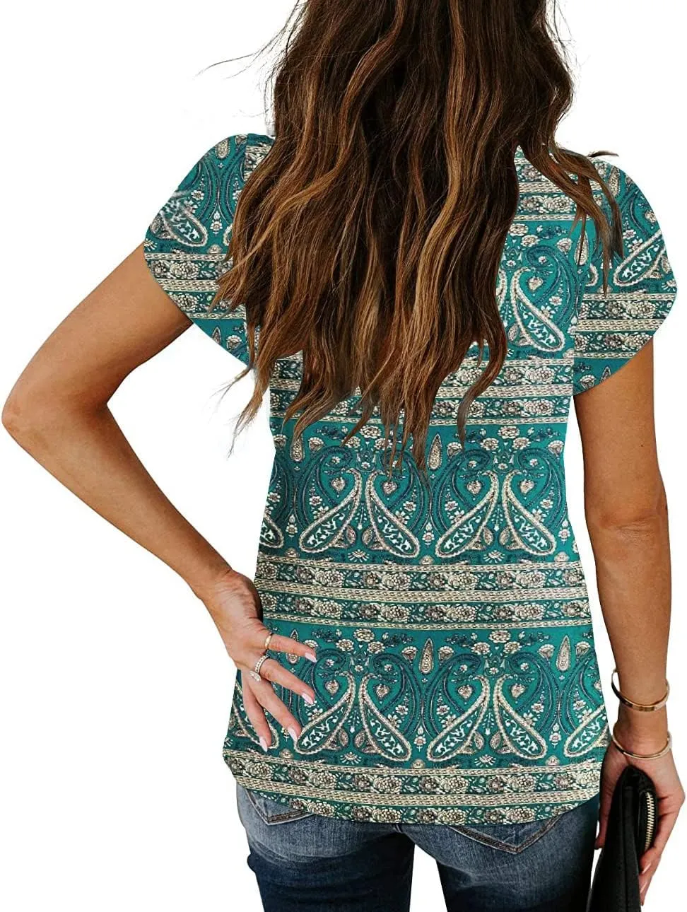ETCYY Womens Summer Tops 2025 Trendy Casual Spring Striped Print Cute Petal V Neck Cap Short Sleeve Shirts
