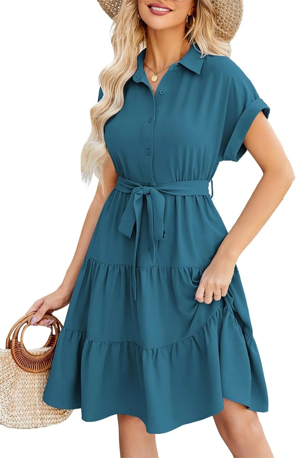 JASAMBAC Women's Button Down Shirt Dress 2025 Casual Work Summer Collared V Neck Elastic Waist Flowy Pocket Beach Sundress