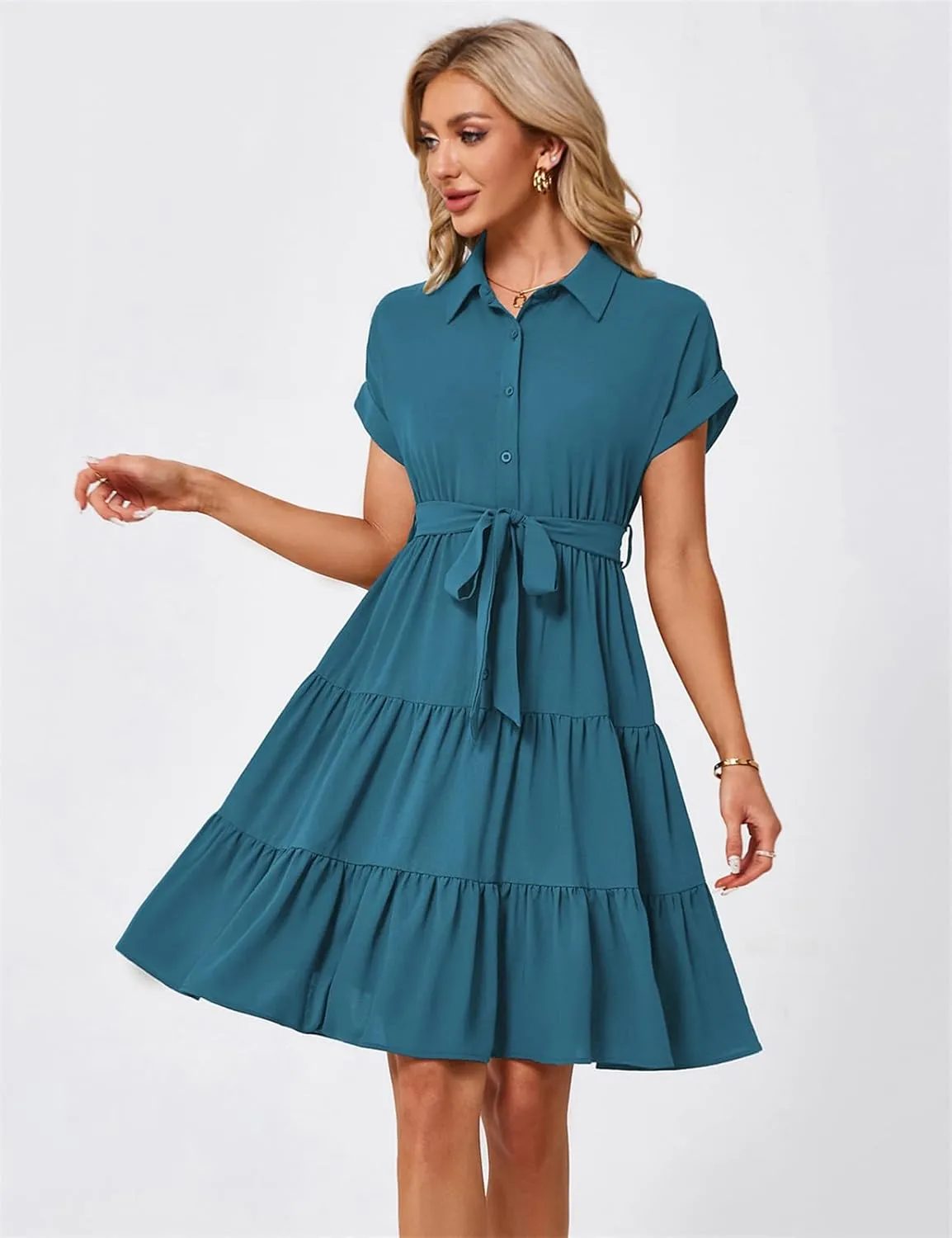 JASAMBAC Women's Button Down Shirt Dress 2025 Casual Work Summer Collared V Neck Elastic Waist Flowy Pocket Beach Sundress