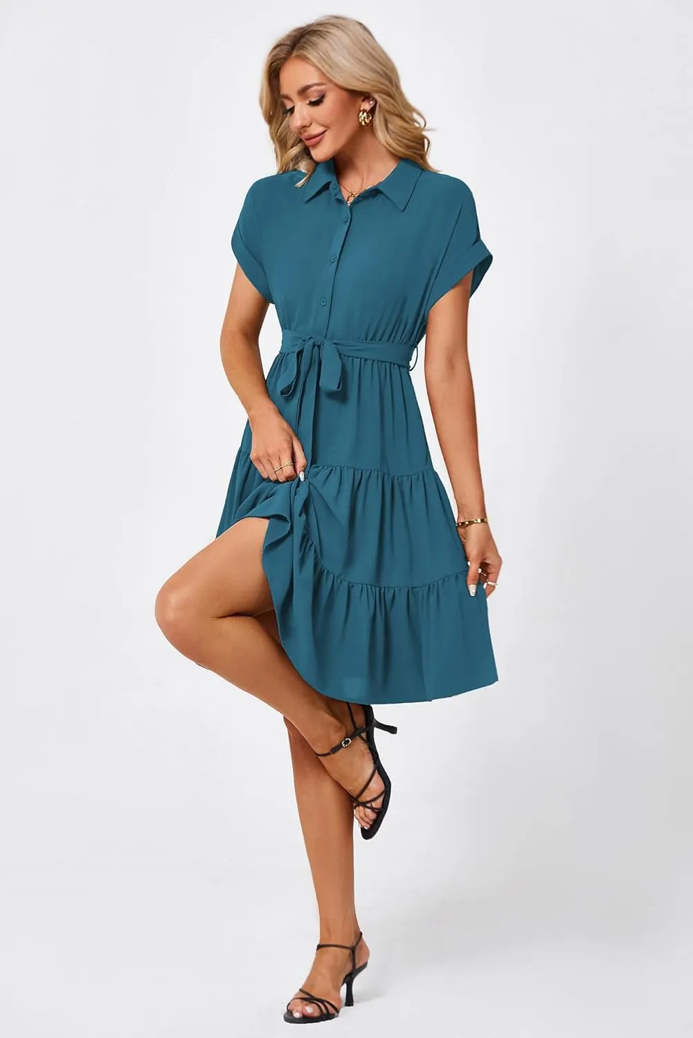 JASAMBAC Women's Button Down Shirt Dress 2025 Casual Work Summer Collared V Neck Elastic Waist Flowy Pocket Beach Sundress