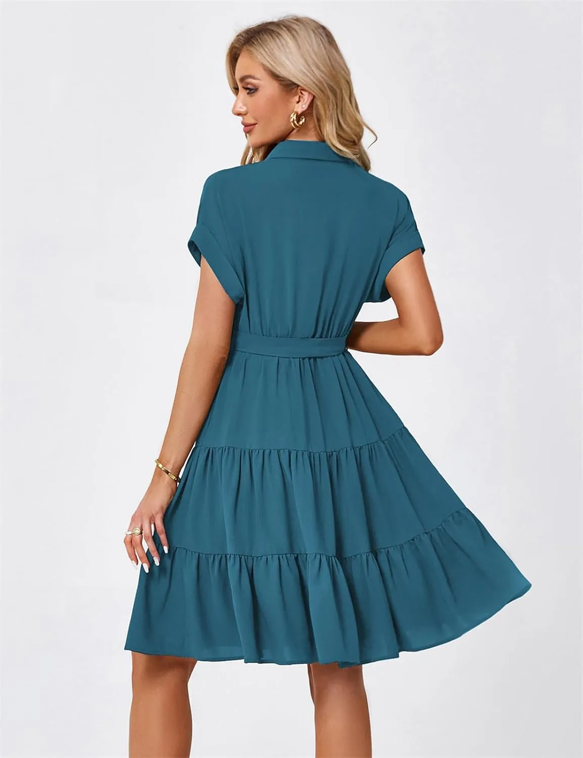 JASAMBAC Women's Button Down Shirt Dress 2025 Casual Work Summer Collared V Neck Elastic Waist Flowy Pocket Beach Sundress
