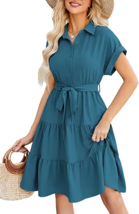 JASAMBAC Women's Button Down Shirt Dress 2025 Casual Work Summer Collared V Neck Elastic Waist Flowy Pocket Beach Sundress