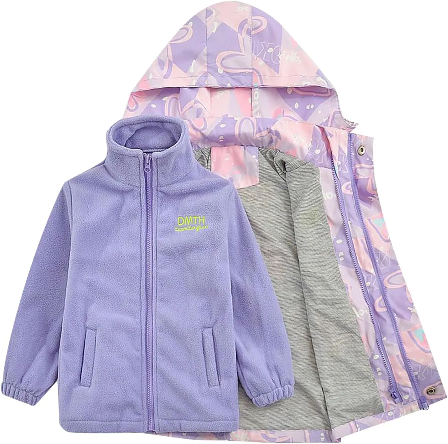 Kids Girl Jacket Waterproof 3 in 1 Insulated Windbreaker Detachable Liner Fleece Lightweight Coat with Hood Outwear