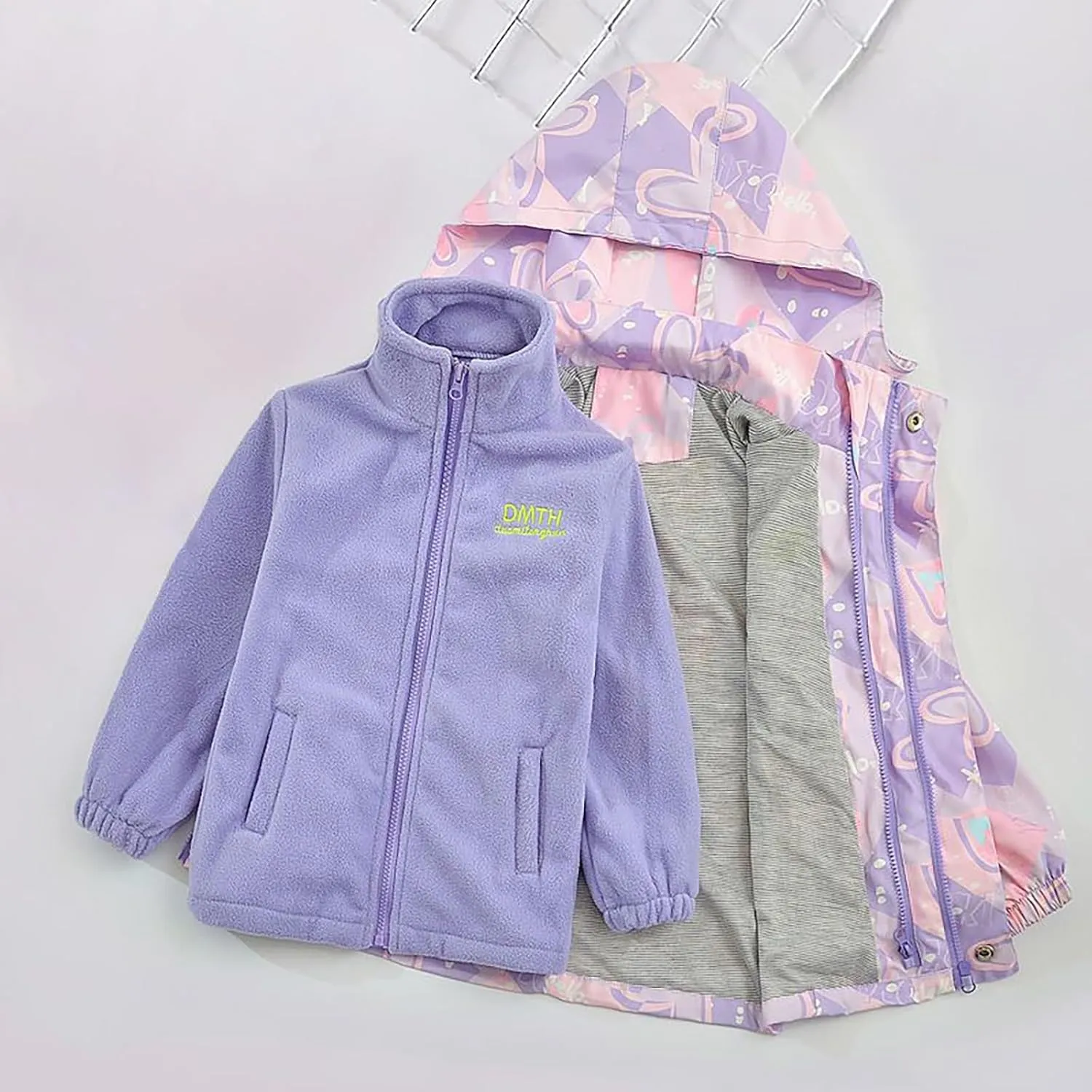 Kids Girl Jacket Waterproof 3 in 1 Insulated Windbreaker Detachable Liner Fleece Lightweight Coat with Hood Outwear