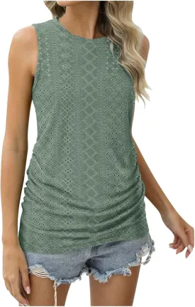 LRMQS Womens Tank Tops Loose Fit Summer 2024 Dressy Casual Eyelet Embroidery Trendy Sleeveless Shirts Beach Vacation Clothing