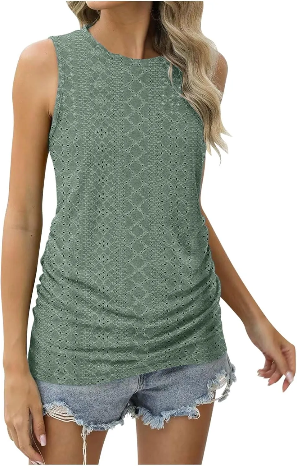 LRMQS Womens Tank Tops Loose Fit Summer 2024 Dressy Casual Eyelet Embroidery Trendy Sleeveless Shirts Beach Vacation Clothing