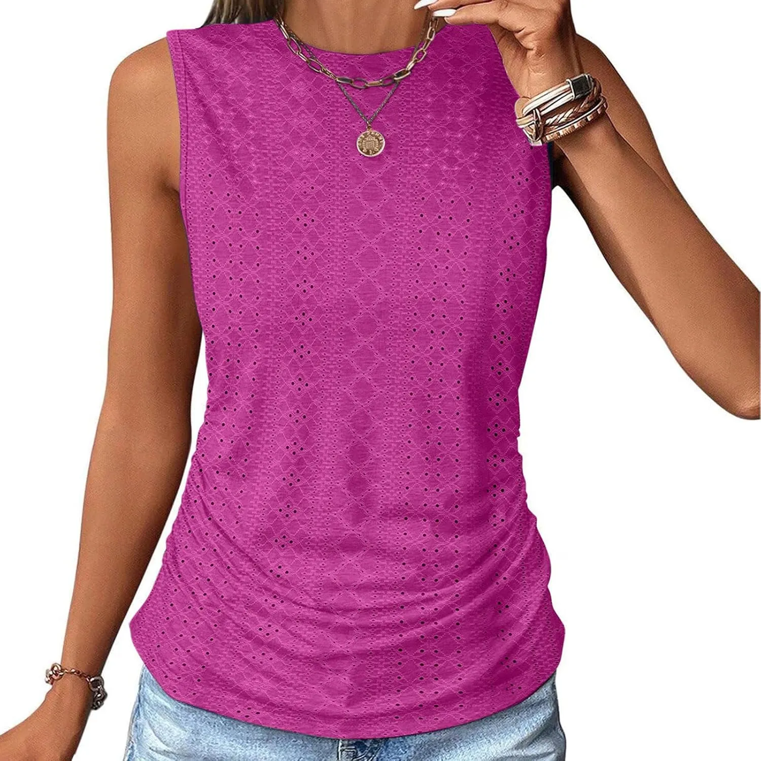 LRMQS Womens Tank Tops Loose Fit Summer 2024 Dressy Casual Eyelet Embroidery Trendy Sleeveless Shirts Beach Vacation Clothing