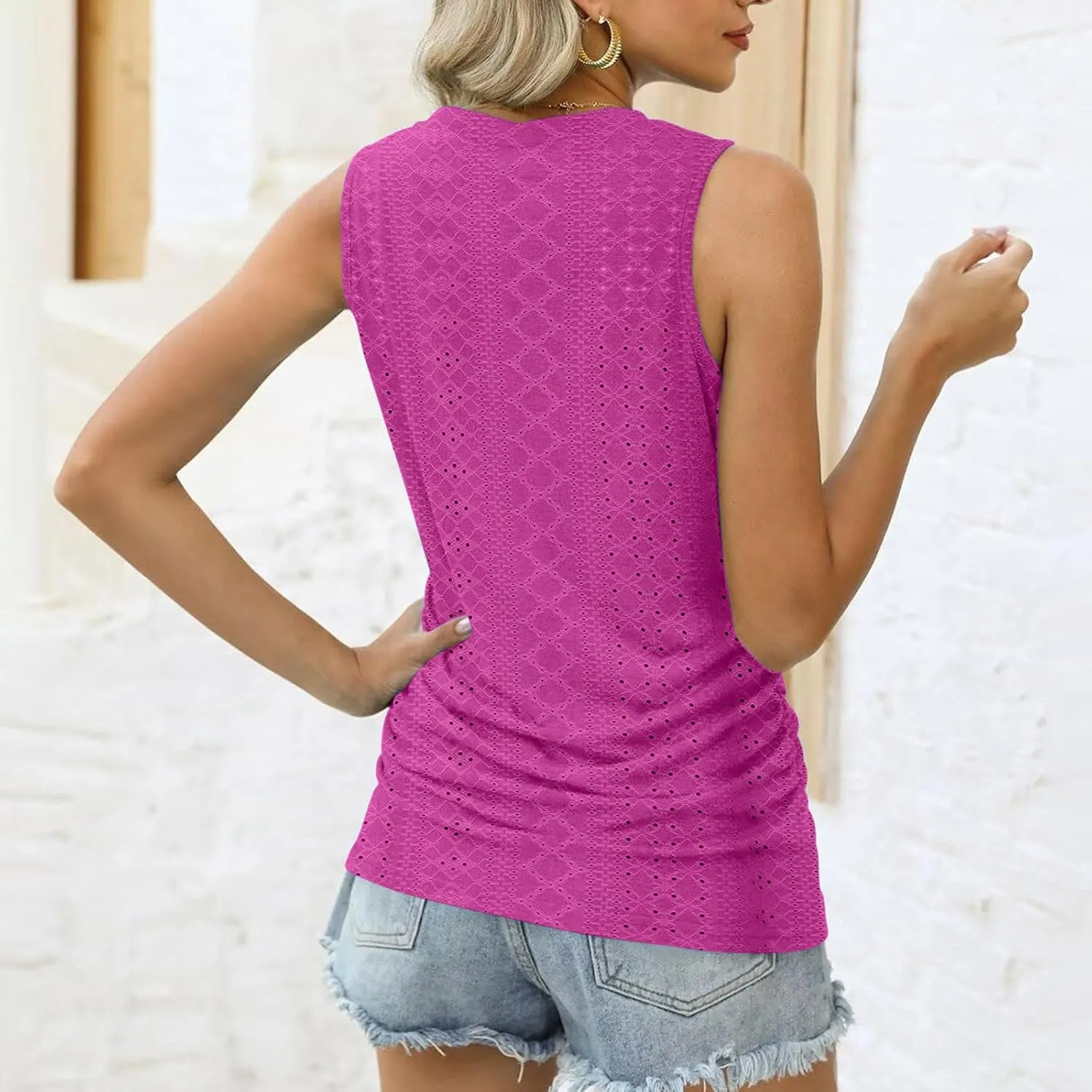 LRMQS Womens Tank Tops Loose Fit Summer 2024 Dressy Casual Eyelet Embroidery Trendy Sleeveless Shirts Beach Vacation Clothing