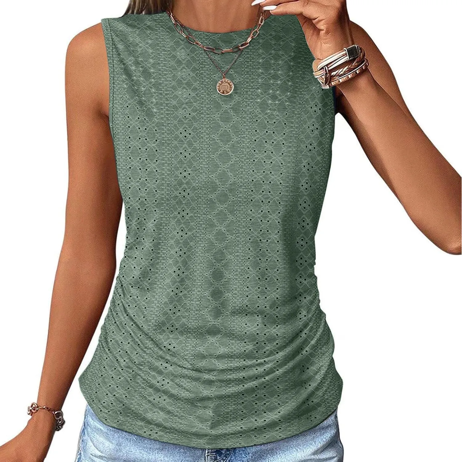 LRMQS Womens Tank Tops Loose Fit Summer 2024 Dressy Casual Eyelet Embroidery Trendy Sleeveless Shirts Beach Vacation Clothing