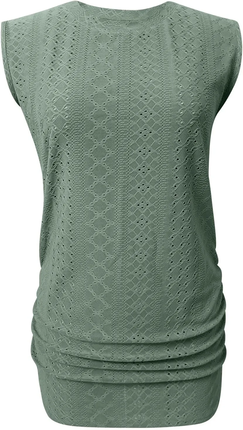 LRMQS Womens Tank Tops Loose Fit Summer 2024 Dressy Casual Eyelet Embroidery Trendy Sleeveless Shirts Beach Vacation Clothing