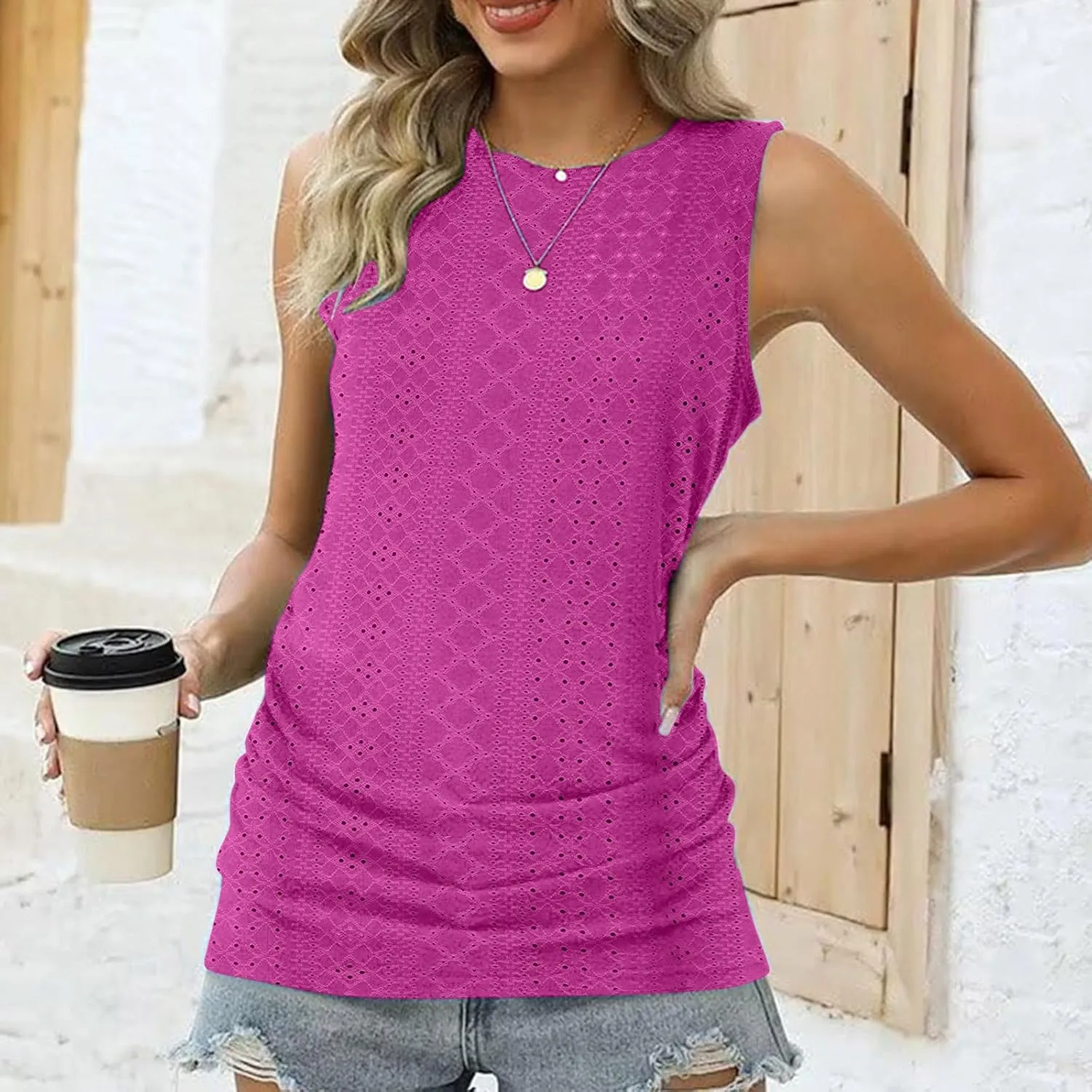 LRMQS Womens Tank Tops Loose Fit Summer 2024 Dressy Casual Eyelet Embroidery Trendy Sleeveless Shirts Beach Vacation Clothing