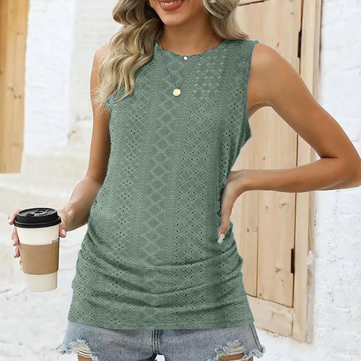 LRMQS Womens Tank Tops Loose Fit Summer 2024 Dressy Casual Eyelet Embroidery Trendy Sleeveless Shirts Beach Vacation Clothing