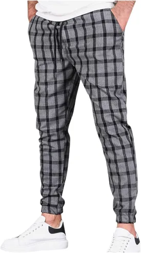 Men's Slim Fit Stretch Plaid Pants Flannel Jogger Pajama Lounge Pant Skinny Track Trousers with Pockets