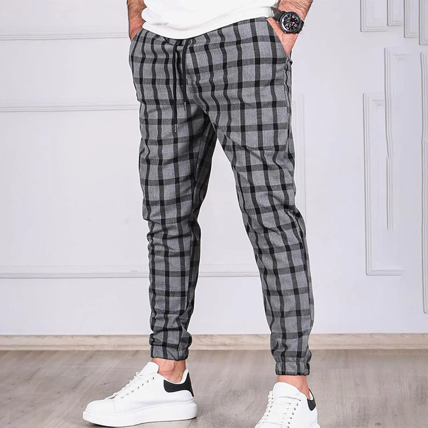 Men's Slim Fit Stretch Plaid Pants Flannel Jogger Pajama Lounge Pant Skinny Track Trousers with Pockets