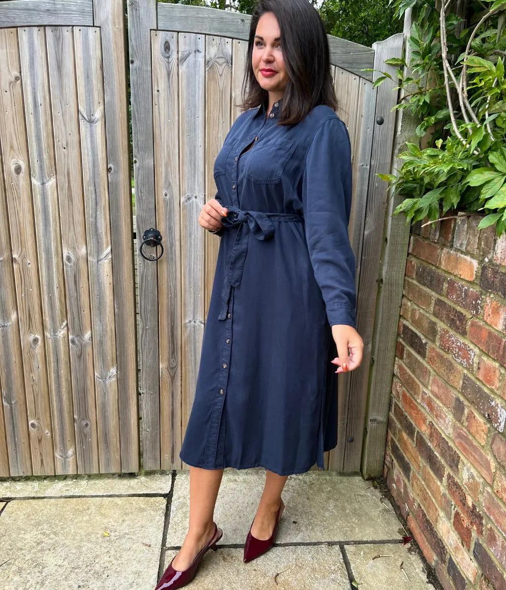 Navy Tencel Belted Midi Shirt Dress