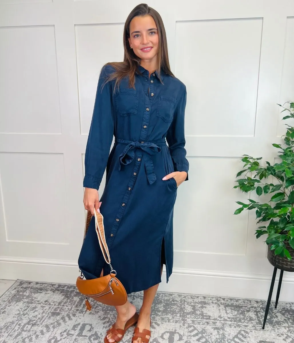 Navy Tencel Belted Midi Shirt Dress