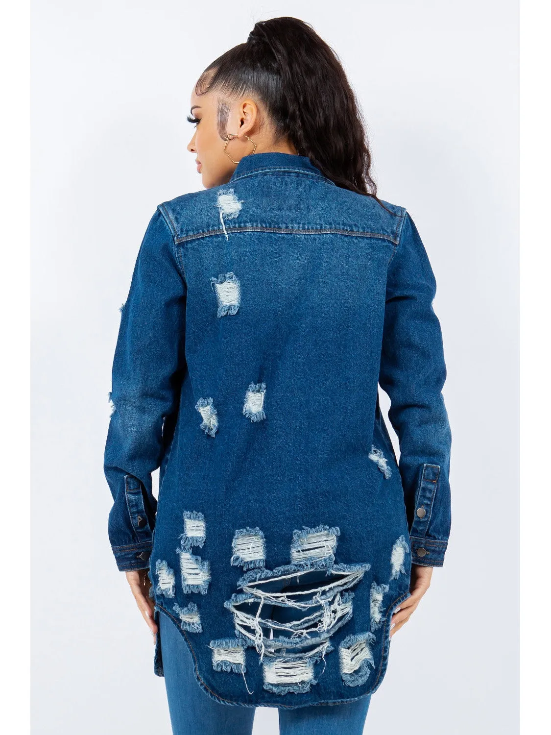 NicholesGifts Women American Bazi Distressed Button Up Long Sleeve Denim Jacket