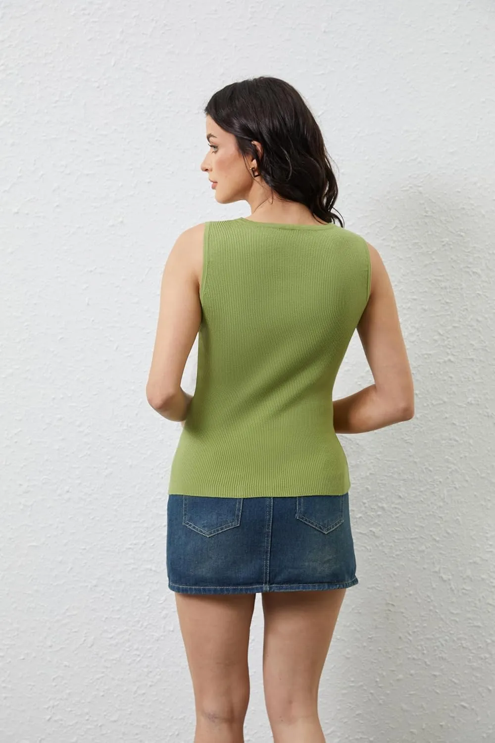OLAPTA Women Asymmetrical Button Down Side Split Sleeveless Tank Tops Boat Neck Slim Fit Summer Casual Side Button Knit Vest