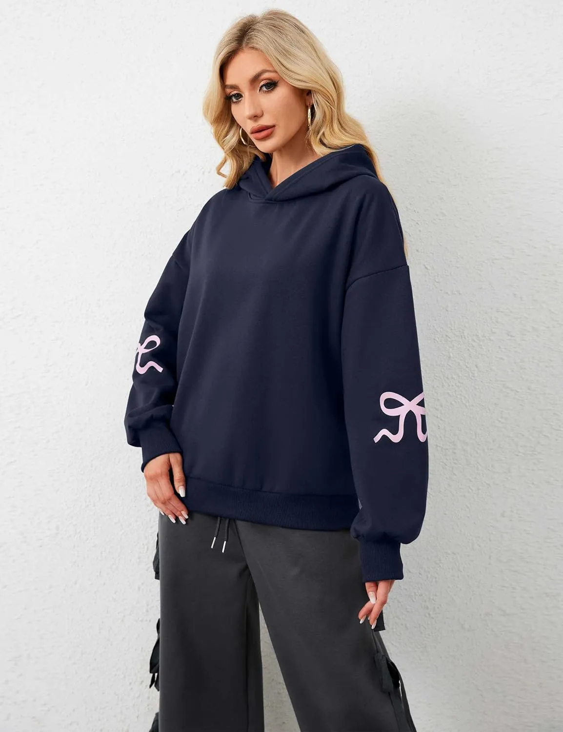 OLAPTA Women Oversized Bow Trim Print Hoodies Long Sleeve Fleeced Casual Graphic Pullover Trendy Fall Hooded Sweatshirts Top