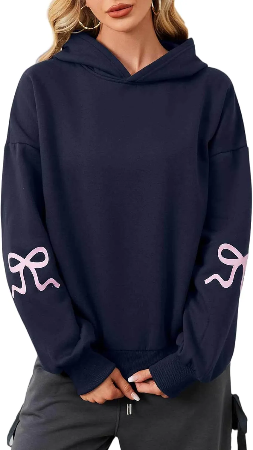 OLAPTA Women Oversized Bow Trim Print Hoodies Long Sleeve Fleeced Casual Graphic Pullover Trendy Fall Hooded Sweatshirts Top