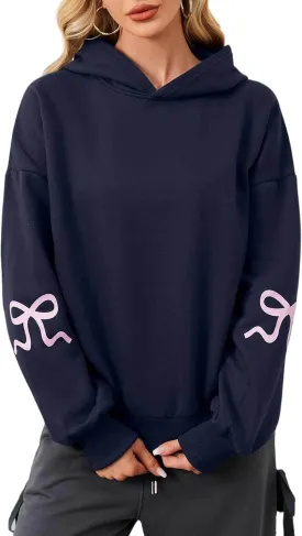 OLAPTA Women Oversized Bow Trim Print Hoodies Long Sleeve Fleeced Casual Graphic Pullover Trendy Fall Hooded Sweatshirts Top