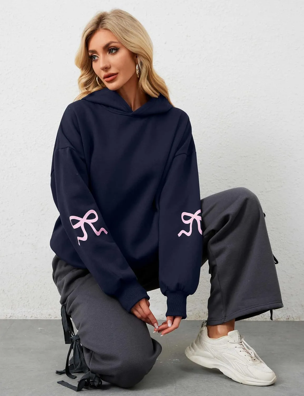 OLAPTA Women Oversized Bow Trim Print Hoodies Long Sleeve Fleeced Casual Graphic Pullover Trendy Fall Hooded Sweatshirts Top