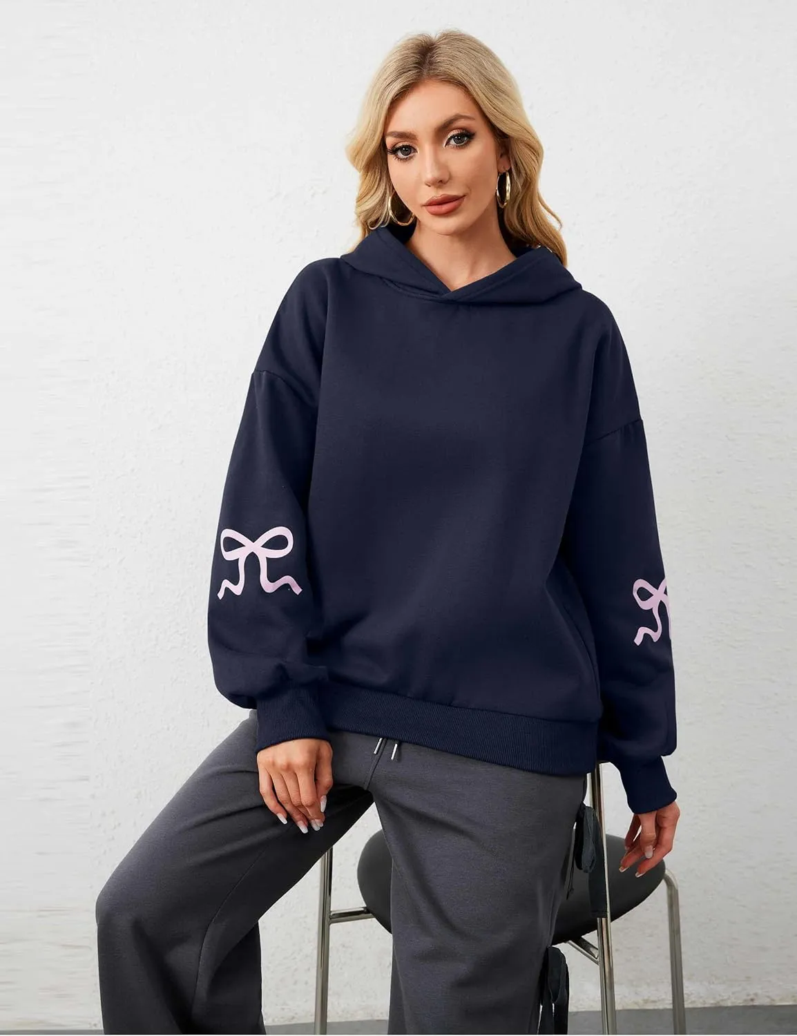 OLAPTA Women Oversized Bow Trim Print Hoodies Long Sleeve Fleeced Casual Graphic Pullover Trendy Fall Hooded Sweatshirts Top