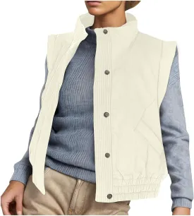 Oplxuo Women Puffer Vest Cropped Lightweight Button Down Quilted Jacket Stand Collar Sleeveless Padded Gilet Coat with Pocket