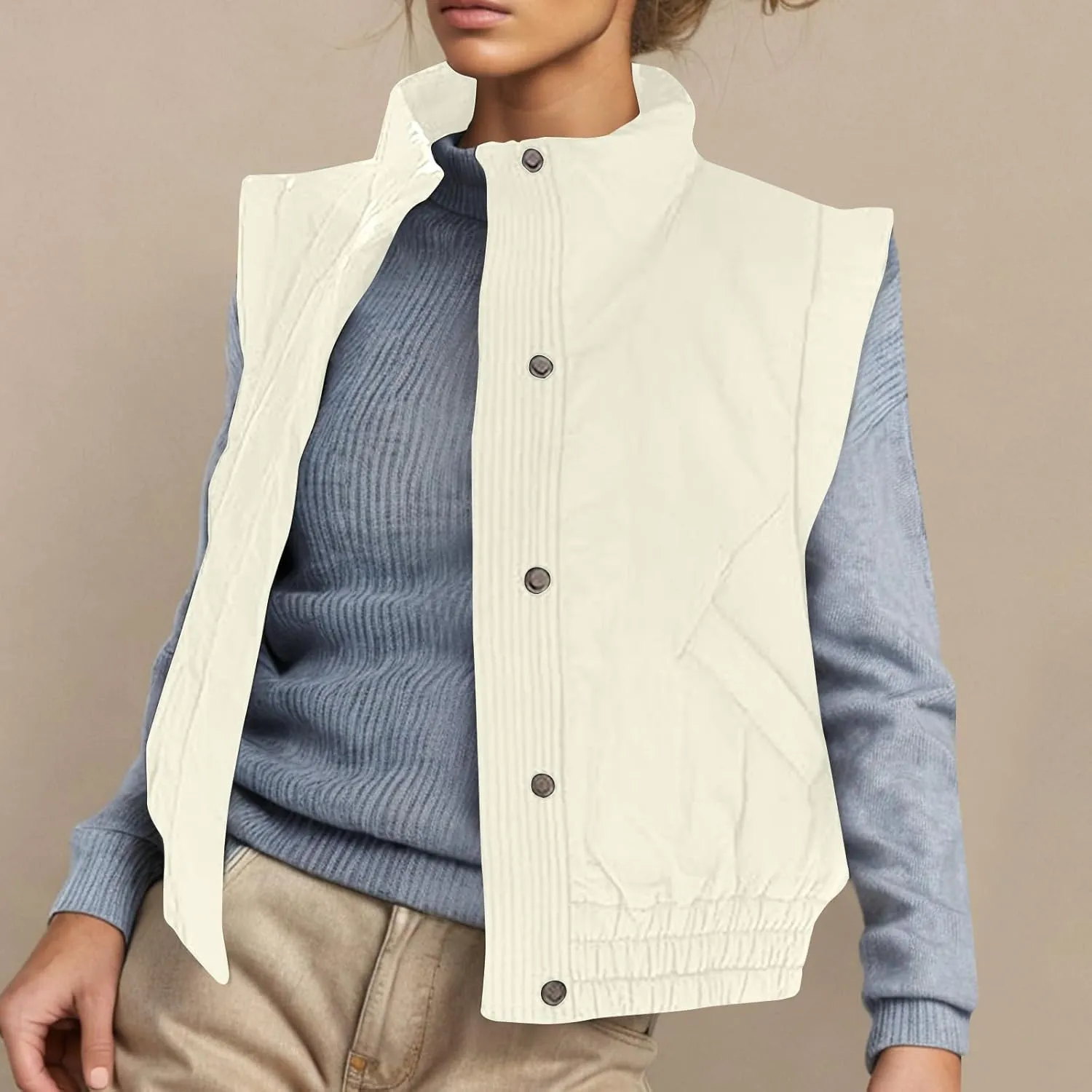 Oplxuo Women Puffer Vest Cropped Lightweight Button Down Quilted Jacket Stand Collar Sleeveless Padded Gilet Coat with Pocket