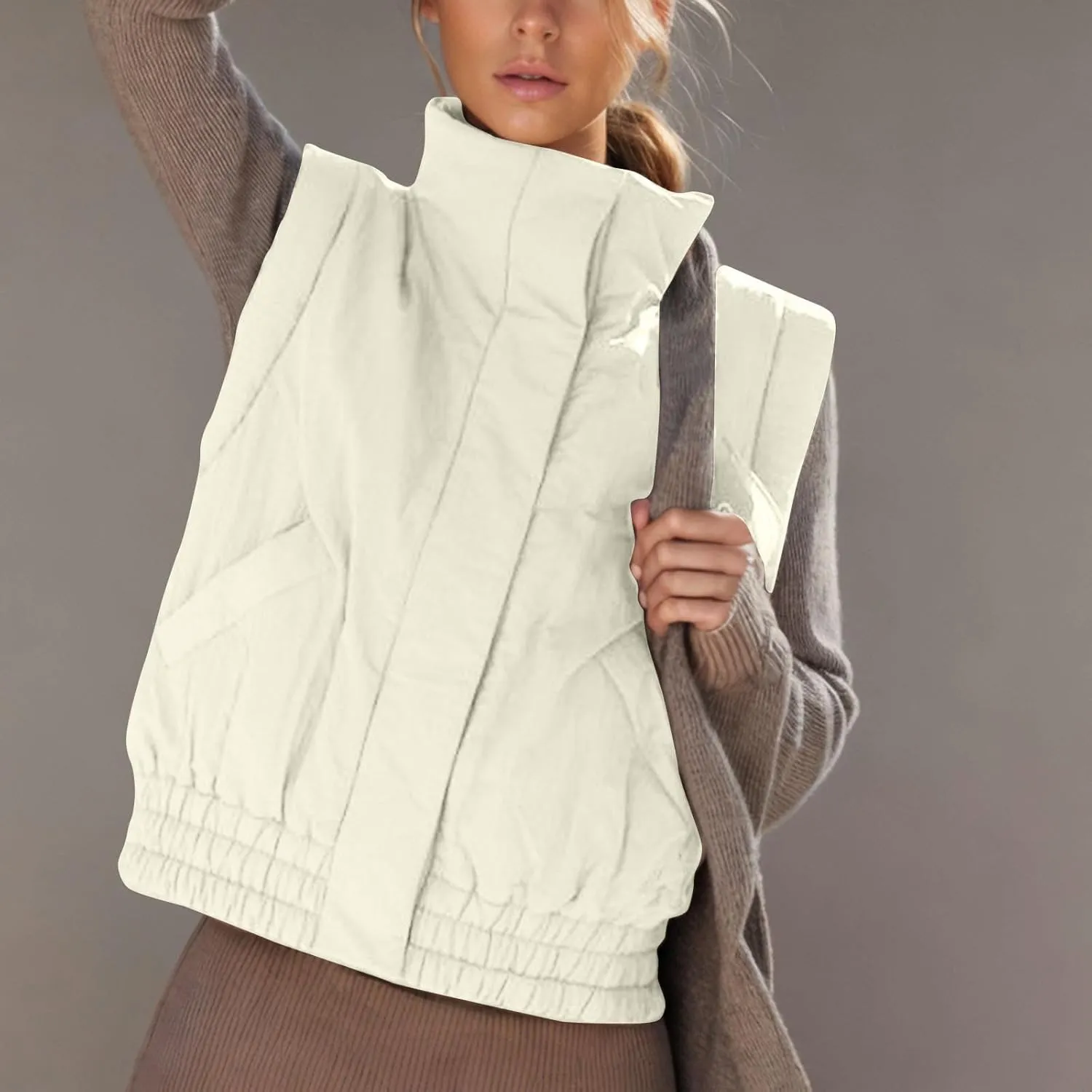 Oplxuo Women Puffer Vest Cropped Lightweight Button Down Quilted Jacket Stand Collar Sleeveless Padded Gilet Coat with Pocket