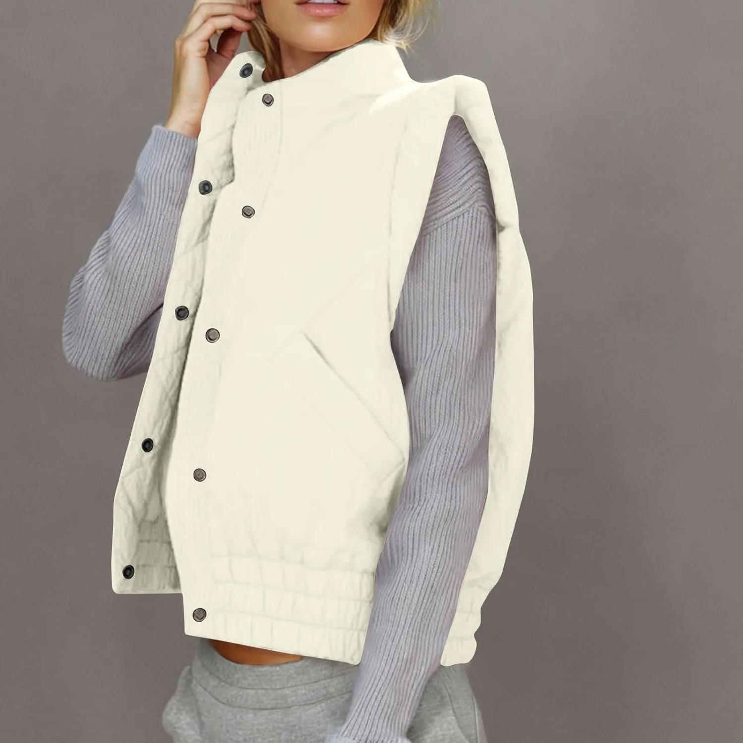 Oplxuo Women Puffer Vest Cropped Lightweight Button Down Quilted Jacket Stand Collar Sleeveless Padded Gilet Coat with Pocket