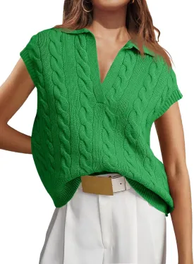 Saodimallsu Womens V Neck Polo Sweater Vest Cable Knit Cap Sleeve Spring Summer Casual Loose Pullover Tops