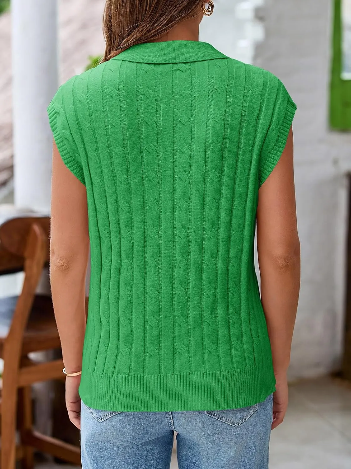 Saodimallsu Womens V Neck Polo Sweater Vest Cable Knit Cap Sleeve Spring Summer Casual Loose Pullover Tops