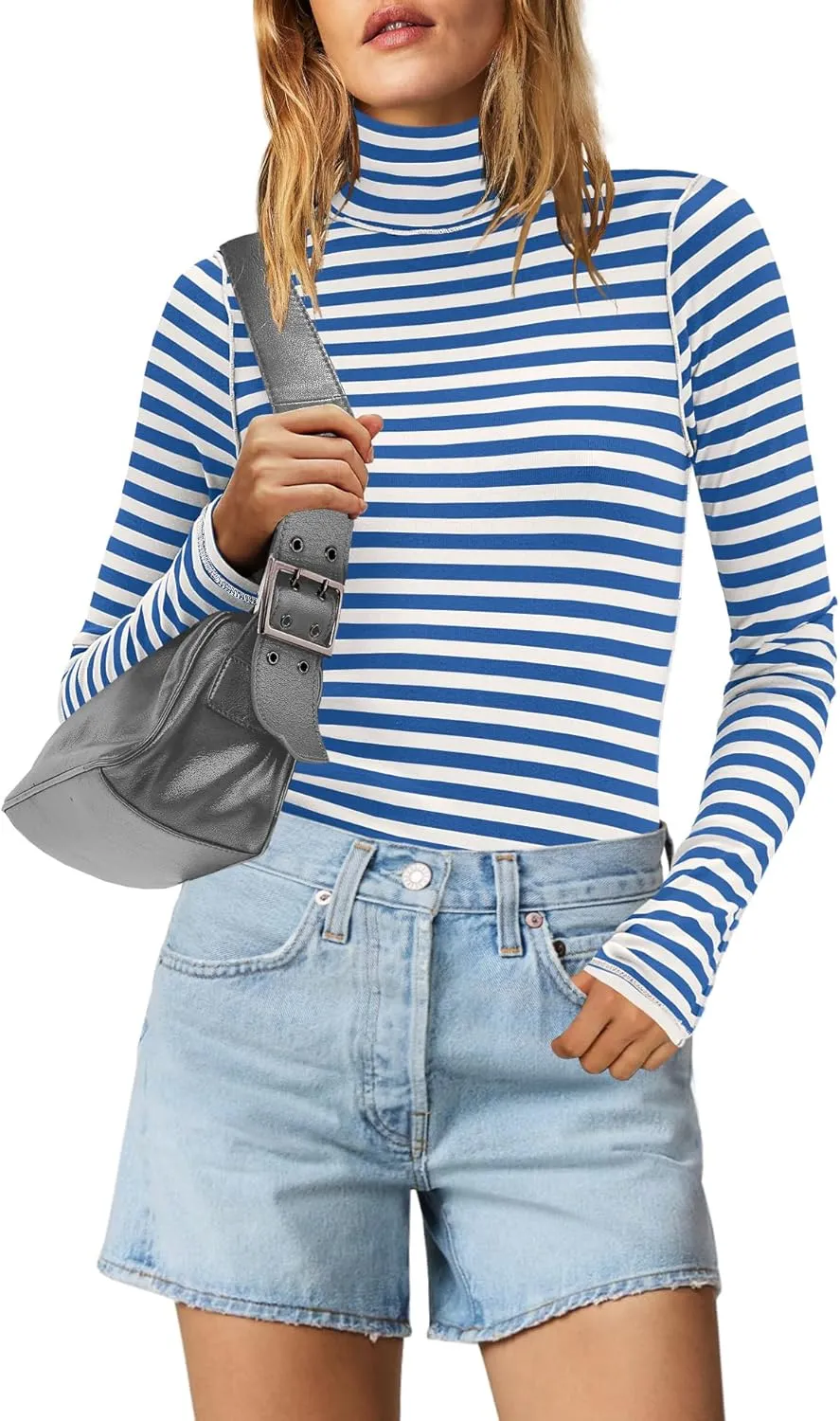 SENSERISE Womens Striped Shirts Long Sleeve Turtleneck Ribbed T Shirt Slim Fitted Lightweight Layer Tops