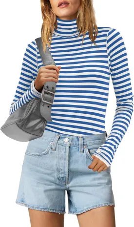 SENSERISE Womens Striped Shirts Long Sleeve Turtleneck Ribbed T Shirt Slim Fitted Lightweight Layer Tops