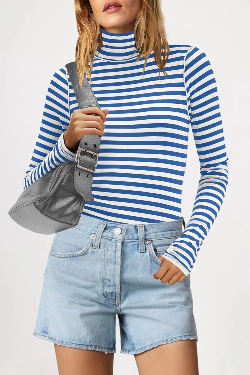 SENSERISE Womens Striped Shirts Long Sleeve Turtleneck Ribbed T Shirt Slim Fitted Lightweight Layer Tops