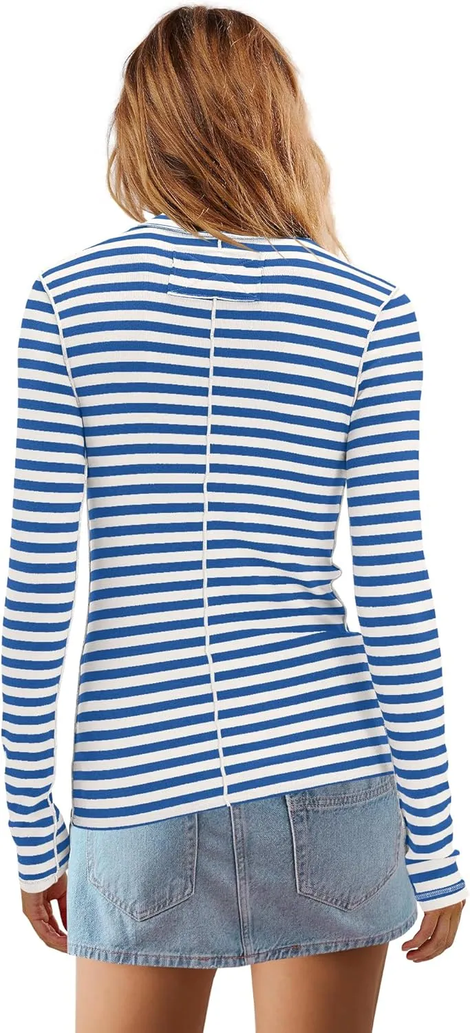 SENSERISE Womens Striped Shirts Long Sleeve Turtleneck Ribbed T Shirt Slim Fitted Lightweight Layer Tops