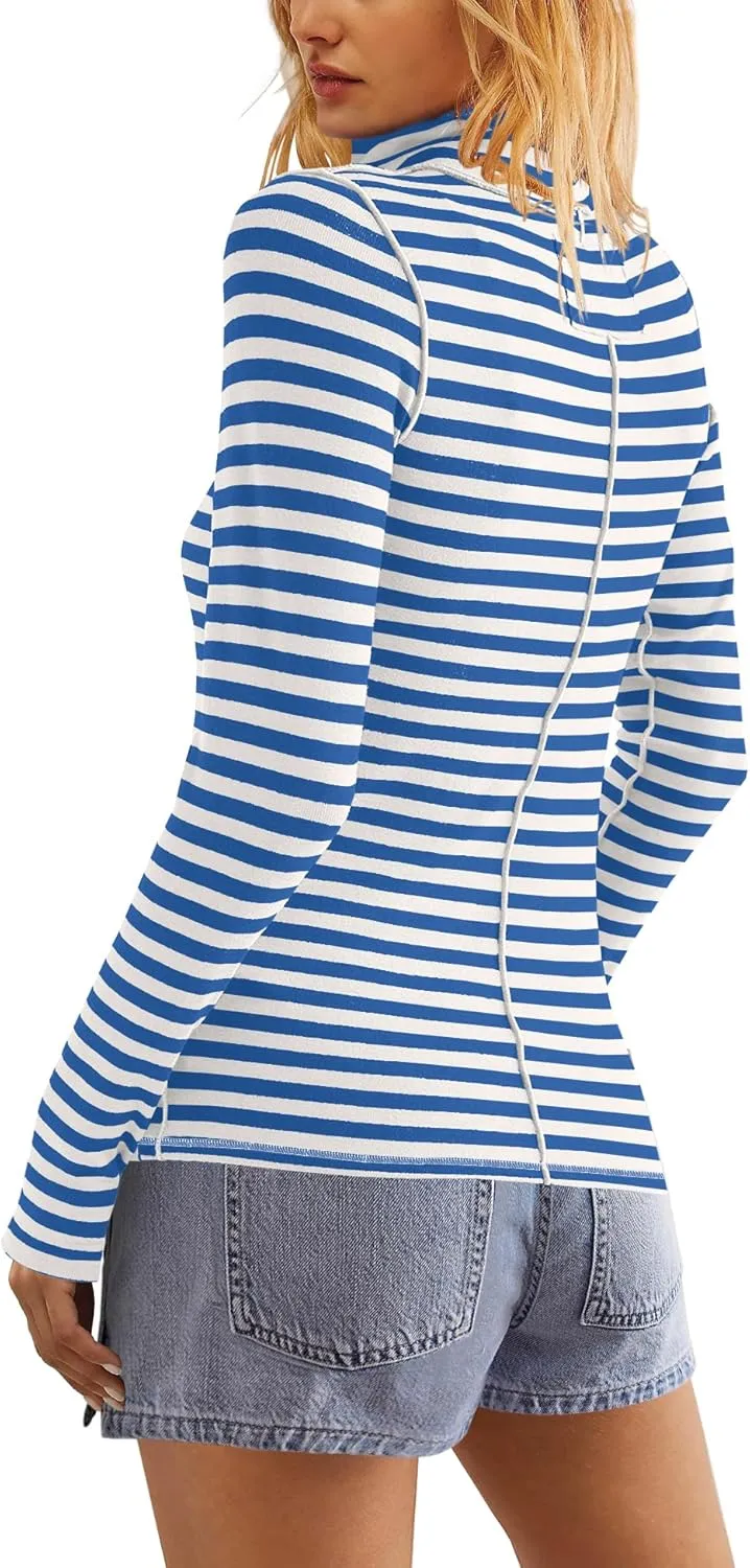 SENSERISE Womens Striped Shirts Long Sleeve Turtleneck Ribbed T Shirt Slim Fitted Lightweight Layer Tops
