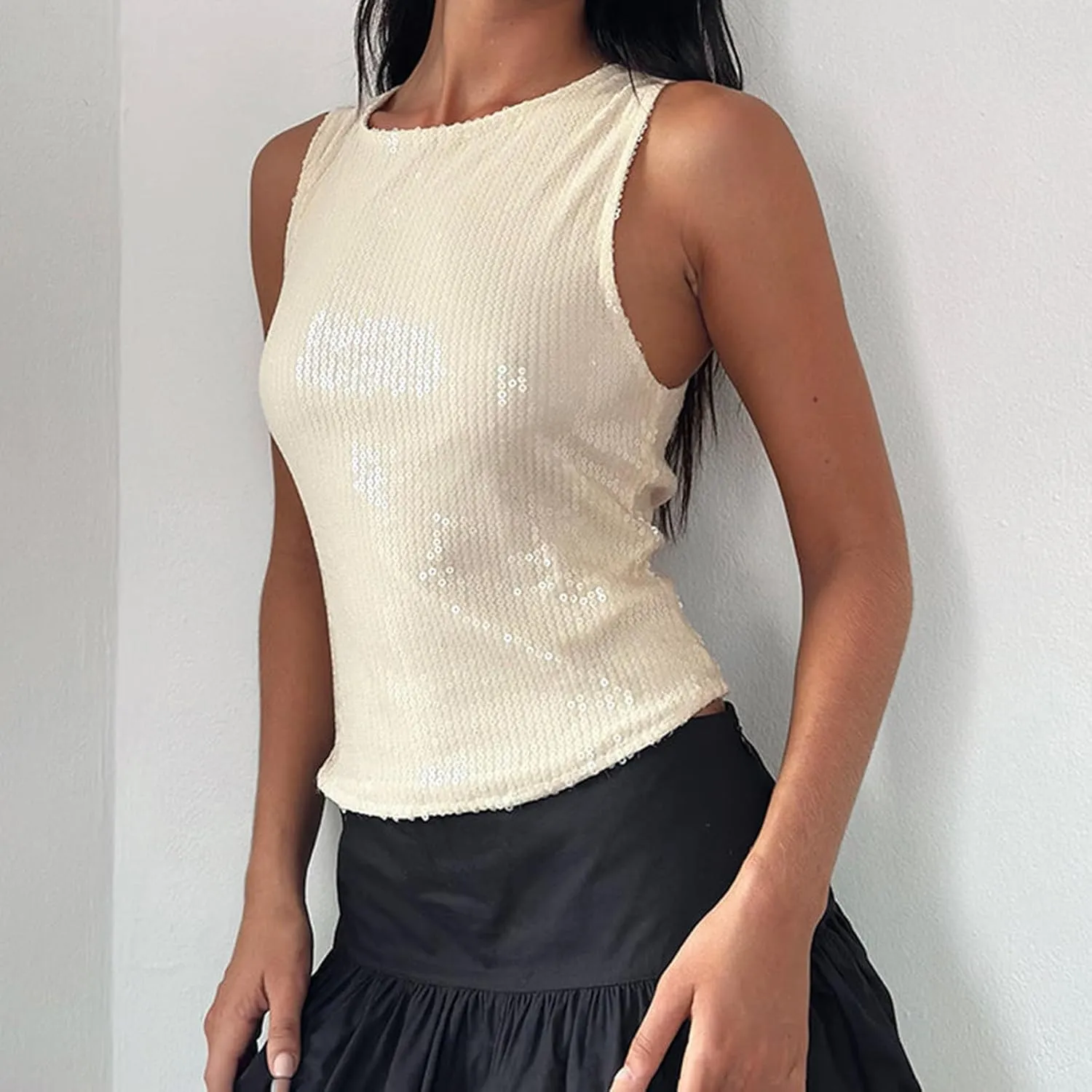 Sexy Sleeveless Sequin Tank Top Women Y2k Sparkly Glitter Crop Camisole Summer Going Out Vest Shirt for Party Club